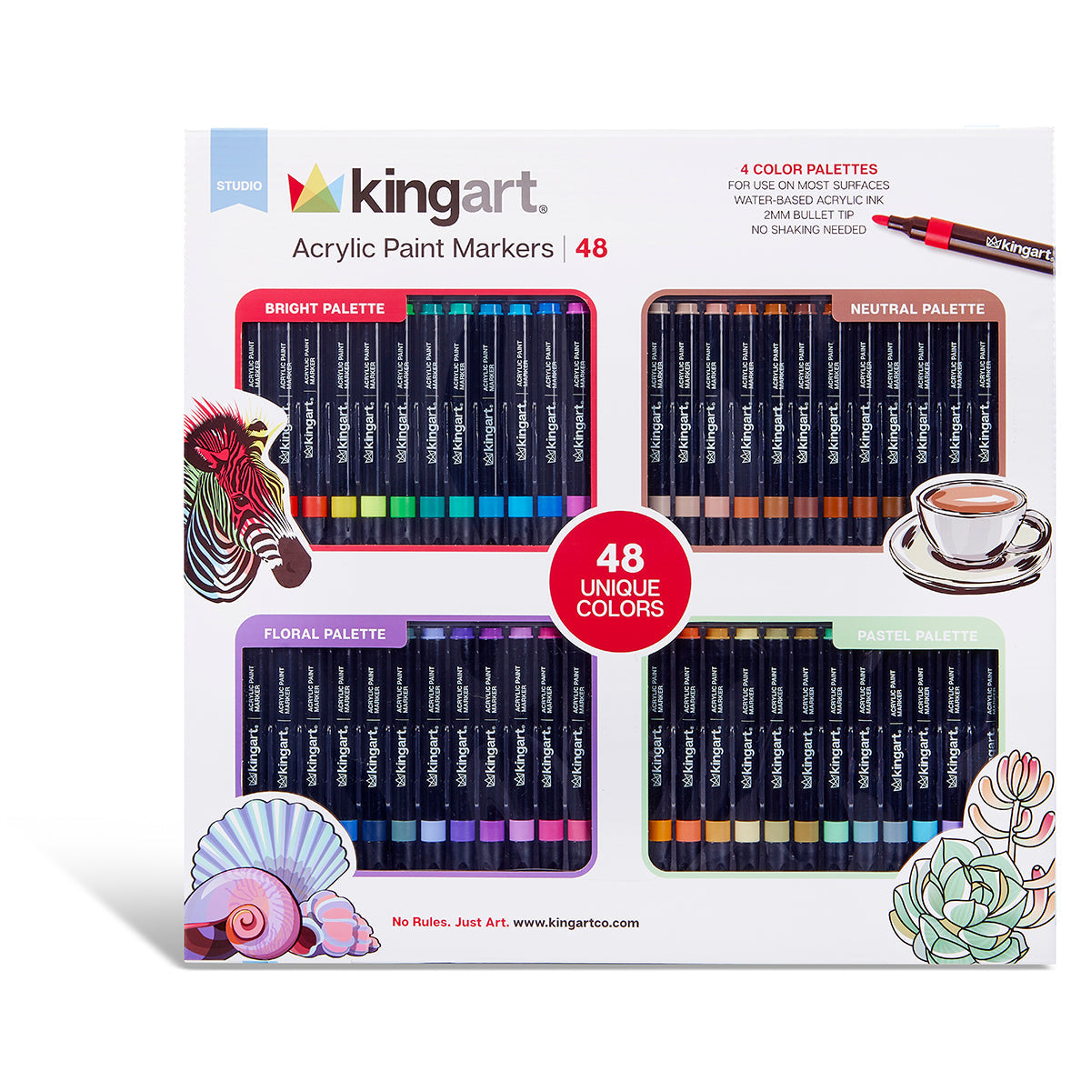 Acrylic Paint Markers Variety Set – 48 Colors, 2mm Bullet Tip, Water-Based, Multi-Surface